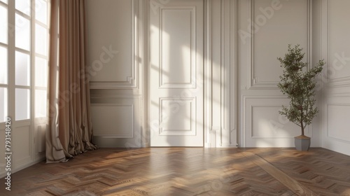 A large room with a white door and a window. The room is empty and has a lot of natural light coming in
