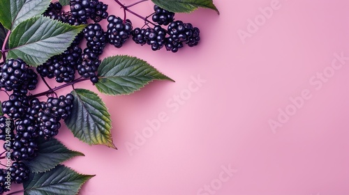 A branch of blackberries on a pink background.