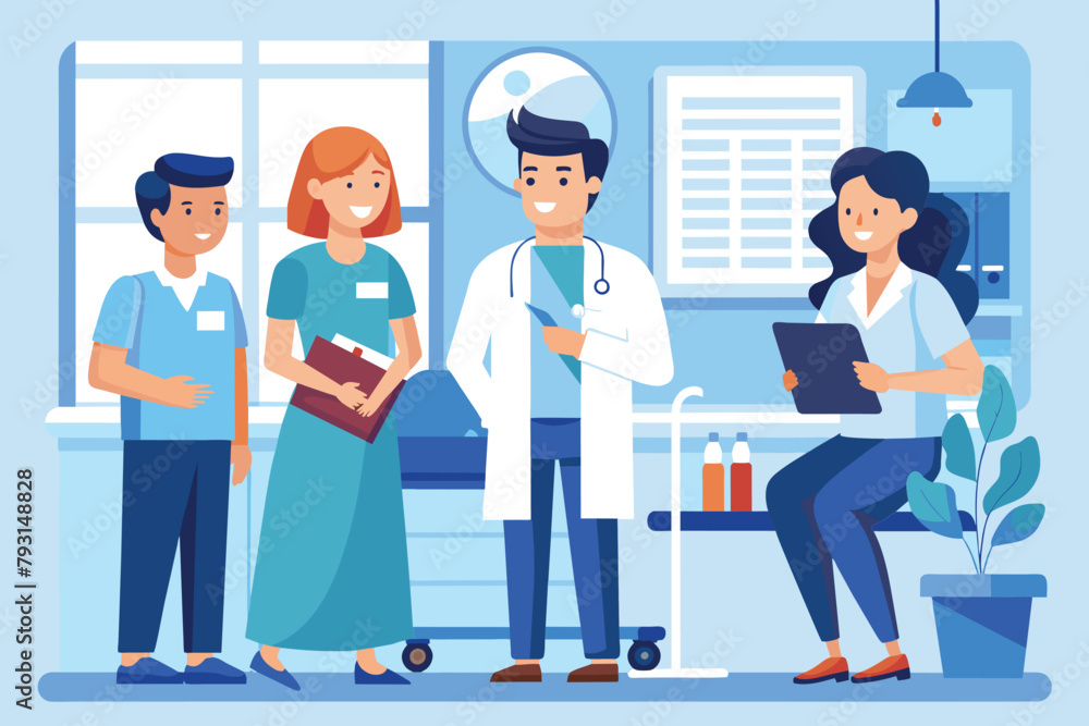 People stand around, doctors and nurses discussing in a busy doctors office, doctors and nurses are discussing in the hospital room, Simple and minimalist flat Vector Illustration People stand around, doctors and nurses discussing in a busy doctors office, doctors and nurses are discussing in the hospital room, Simple and minimalist flat Vector Illustration