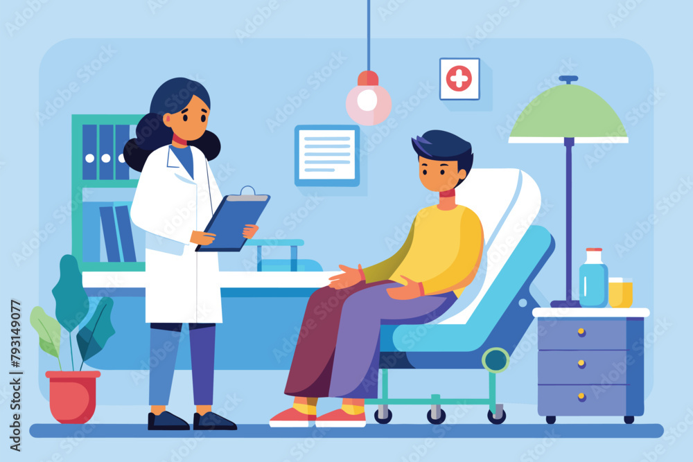 A doctor is carefully examining a patients chest in a hospital room, doctor talking to patient in hospital room, Simple and minimalist flat Vector Illustration