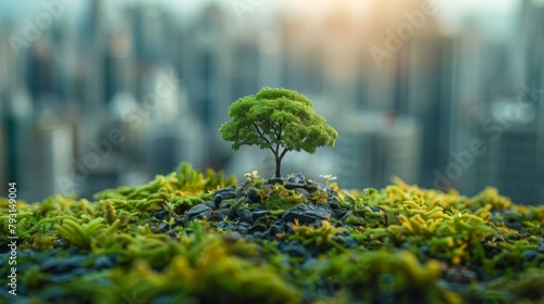 Miniature corporate landscapes promote green practices, emphasizing environmental stewardship and carbon neutrality.