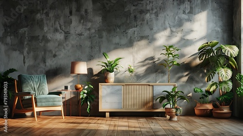 Modern interior design of a living room with a concrete wall, wooden floor and cabinet mock up, armchair, lamp and plants on the table © Waqar