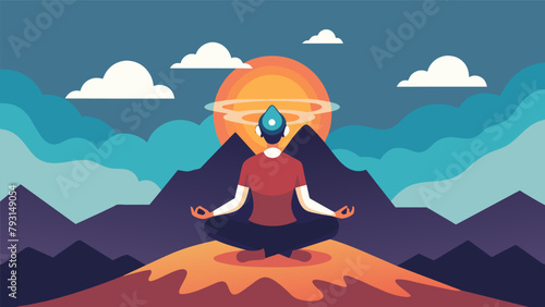 Sitting crosslegged on a mountaintop an individual meditates deeply while wearing a headgear that emits electromagnetic waves promising to enhance.