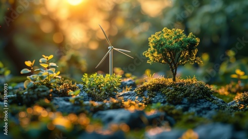 Miniature eco-friendly office scenes feature clean energy solutions and sustainability practices, promoting environmental responsibility in macro tilt-shift photography. photo