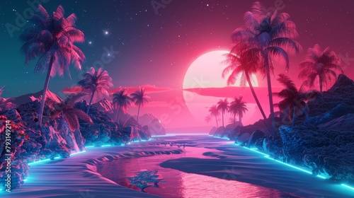 Vaporwave, retro-style neon landscape featuring palms and a vivid sunset. A retro futuristic sci-fi illustration infused with nostalgic 90s vibes, capturing the essence of the era