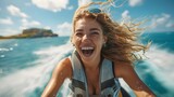 Woman with contagious laughter enjoying exhilarating jet ski ride on the ocean. Concept Ocean Adventure, Laughing Woman, Exhilarating Jet Ski Ride, Contagious Laughter, Water Sports