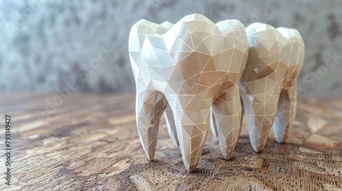 Medical healthy science abstract gray white polygonal point line modern illustration of a molar tooth dental implant 3d low poly geometric model. Dentistry innovation future technology titan metal photo
