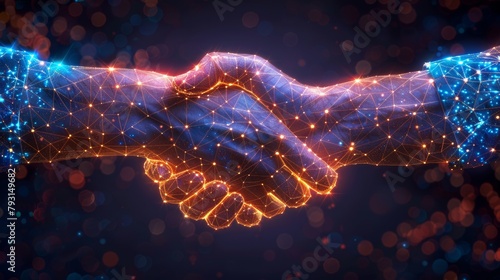Conceptual illustration of blockchain technology agreement handshake business concept. Hands chain link internet hyperlink connection design. Binary code symbol icon. Blue modern illustration. photo