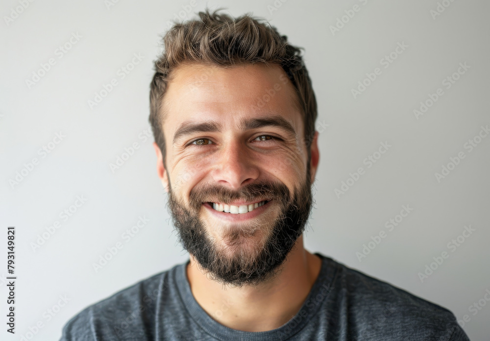 Model, portrait and studio with smile, beard and confidence isolated on white background. Man, mockup and satisfaction with skincare, glow and natural treatment for cosmetic dermatology and hygiene Model, portrait and studio with smile, beard and confidence isolated on white background. Man, mockup and satisfaction with skincare, glow and natural treatment for cosmetic dermatology and hygiene
