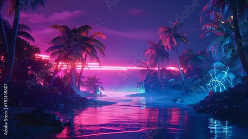 Vaporwave, neon landscape with palms and sunset. A retro futuristic, sci-fi illustration with 90s nostalgia. Features vibrant night and sunset neon colors. © Iryna