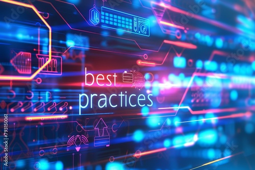 digital glowing neon text "best practices" on a digital network background