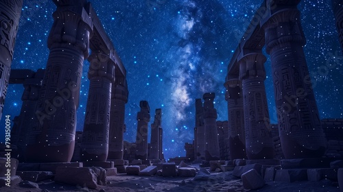 Ancient Ruins under the Stars: A Portal to Forgotten Gods Amidst the remnants of an ancient civilization, where columns stand as silent sentinels under a star photo