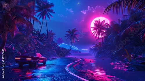 Retro-futuristic synthwave landscape illuminated by neon lights, palm trees against a radiant sunset. Features a retro car cruising through the vibrant 80s-inspired scene, complete with a stylized sun