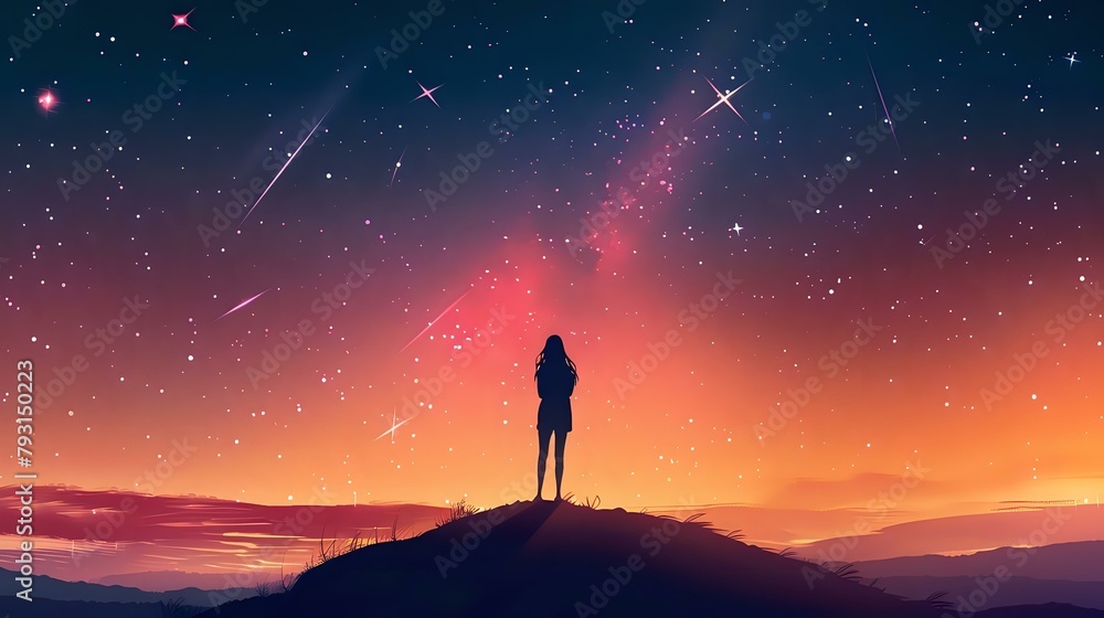 Brave Girl atop Hill Gazing at Shooting Stars - Inspiring Nighttime Scene