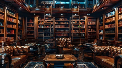 Premium Leather Furniture in Wooden Shelf Library Room with Neon Lighting