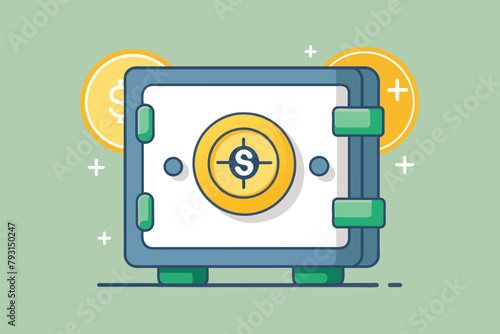 Simple wallet with a dollar coin tucked inside, against a flat vector background, Dollar coin safe, Simple and minimalist flat Vector Illustration
