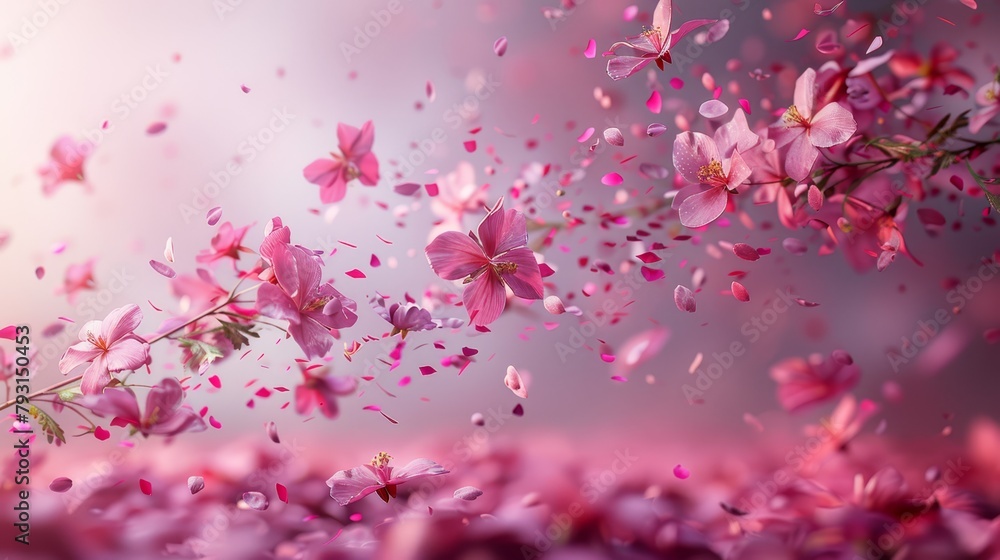 A multitude of pink flowers suspended in the air, each bearing pink petals A multitude of pink flowers suspended in the air, each bearing pink petals