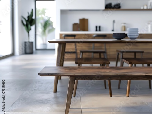 Modern interior  dining table with floating bench and sideboard in the background  front view  blurred modern design  high resolution photography  high detail  hyperrealistic 