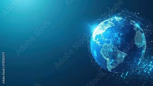 A glowing blue globe of the Earth with a network of white lines and dots representing connections between cities and countries.