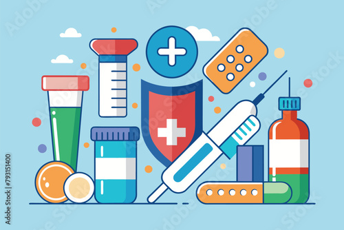 Blue background with various medical items and a shield symbolizing protection and healthcare, Drug health coverage, Simple and minimalist flat Vector Illustration