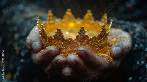 Woman's hand holding a gold crown over a gothic black background. Medieval period concept.