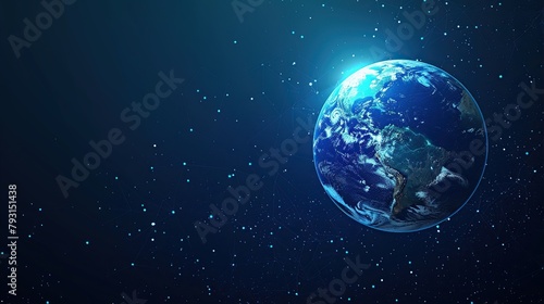 A glowing blue globe of the Earth with a network of white lines and dots representing connections between cities and countries.