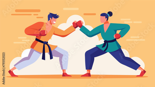 Two partners engage in sparring drills honing their defensive and offensive techniques while building trust and cooperation.