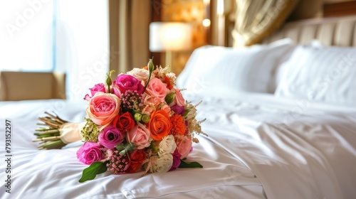 A vibrant wedding bouquet rests gracefully on a crisp white bed set against the backdrop of a lavish hotel room an exquisite gift fit for Valentine s Day or Mother s Day