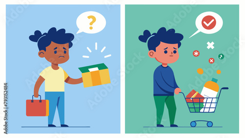 A before and after illustration one panel showing a person impulsively buying several things and the other panel showing the emotional regret photo