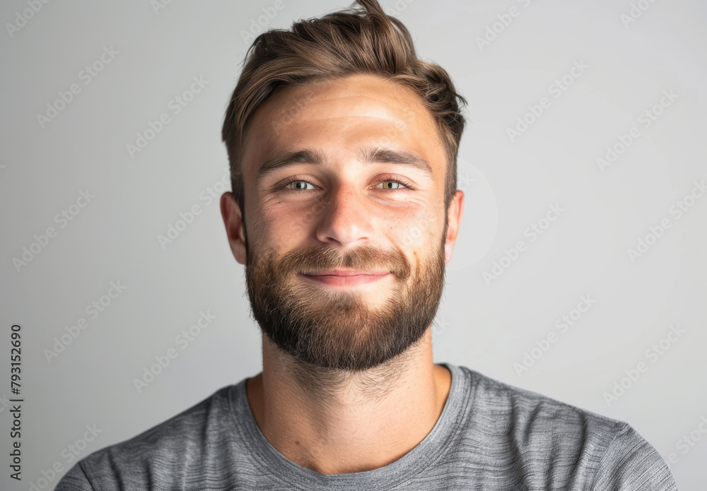 Fototapeta premium Man, portrait and studio with smile, confidence and beard isolated on white background. Model, mockup and satisfaction with skincare, glow and natural treatment for cosmetic dermatology and hygiene