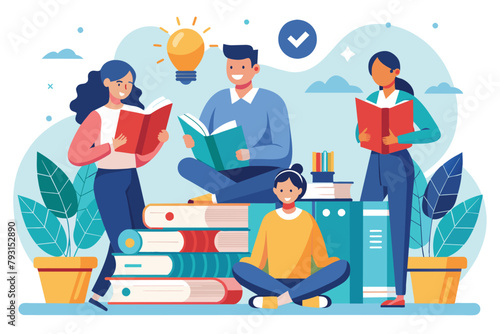 Group of People Sitting on Top of a Pile of Books, education learning concept likes to read people read or students study, Simple and minimalist flat Vector Illustration