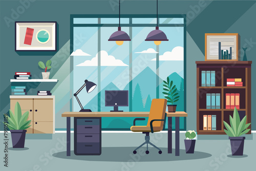A simple and elegant office room featuring a desk, chair, bookshelf, and a window overlooking the outdoors, elegant office interior, Simple and minimalist flat Vector Illustration