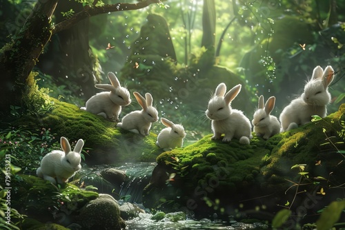 In the heart of a lush green forest, a group of fluffy bunnies with cottonball tails hop joyously around a sparkling stream, their noses twitching with delight photo