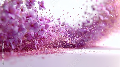  A group of purple flowers arranged together on a white backdrop, illuminated by soft light from behind