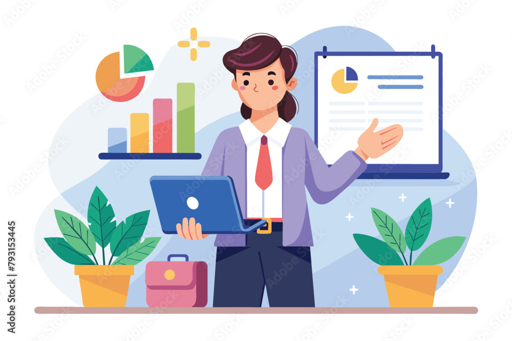 Female worker standing in front of portable computer, likely presenting to colleagues or clients, Employee presentation trending, Simple and minimalist flat Vector Illustration Female worker standing in front of portable computer, likely presenting to colleagues or clients, Employee presentation trending, Simple and minimalist flat Vector Illustration