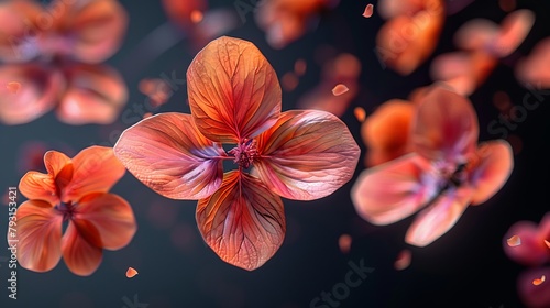  A tight shot of a flower against a black backdrop, featuring pink and red petals at its heart