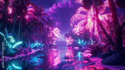 Retro-style image featuring a neon-lit tropical landscape  with vivid  neon-infused depictions of tropical trees and scenery  blending retro and futuristic concepts