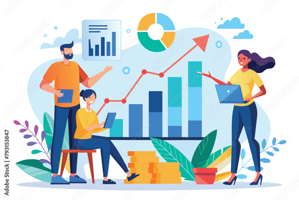 A group of people standing around a table, analyzing growth charts, Employees analyze growth charts, Simple and minimalist flat Vector Illustration A group of people standing around a table, analyzing growth charts, Employees analyze growth charts, Simple and minimalist flat Vector Illustration