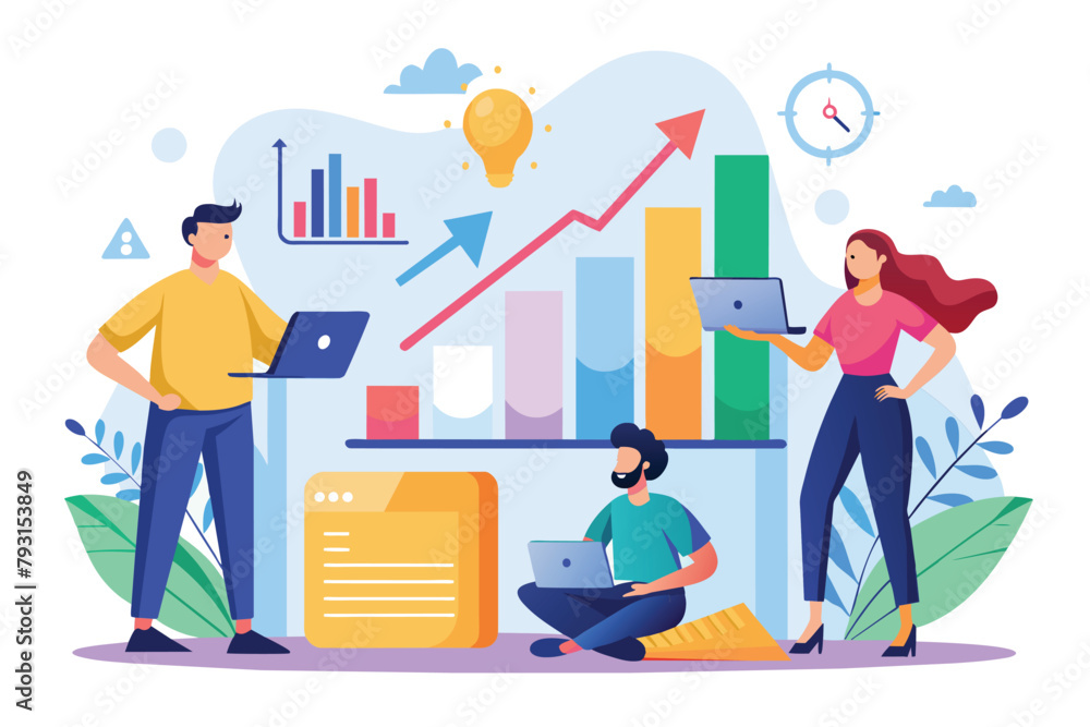 Group of people standing around table with laptops, analyzing growth charts together, Employees analyze growth charts, Simple and minimalist flat Vector Illustration Group of people standing around table with laptops, analyzing growth charts together, Employees analyze growth charts, Simple and minimalist flat Vector Illustration