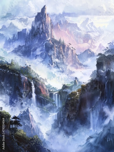 Majestic Watercolor Mountain Landscape Towering Peak Piercing the Clouds Above a Misty Valley