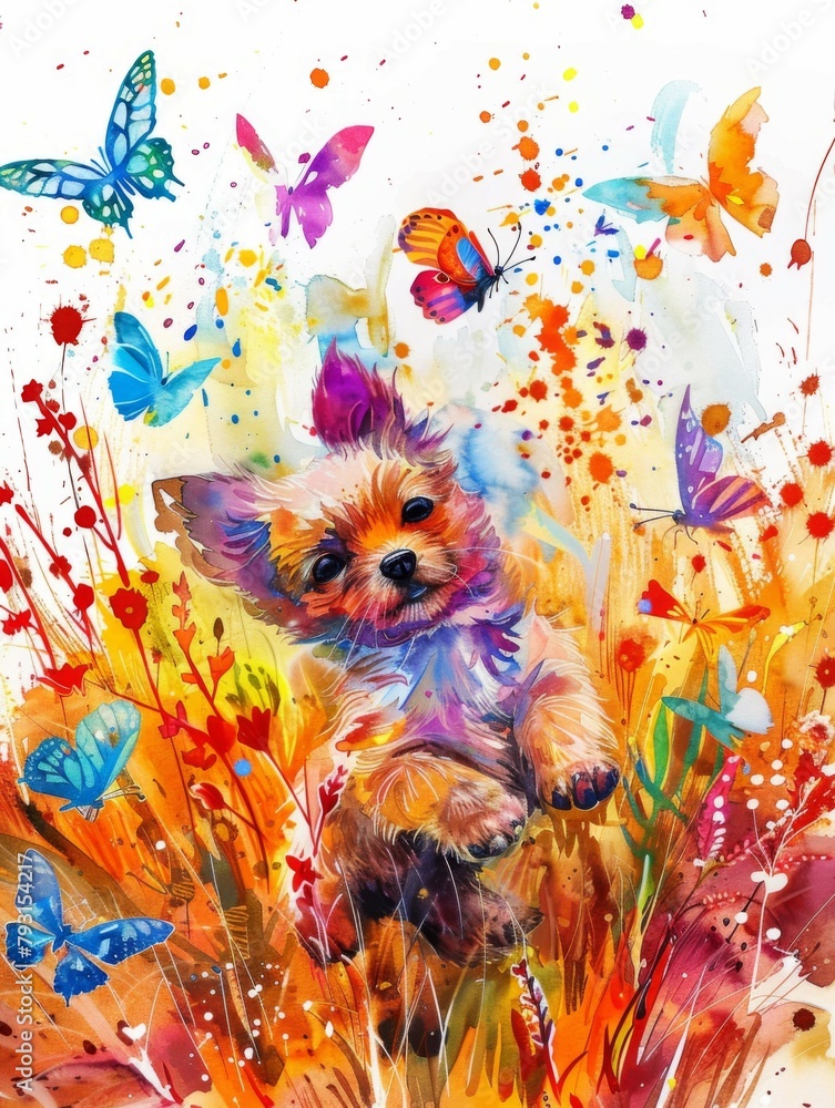 Playful Puppy Chasing Butterflies in a Vibrant Field of Wildflowers in a Watercolor Masterpiece