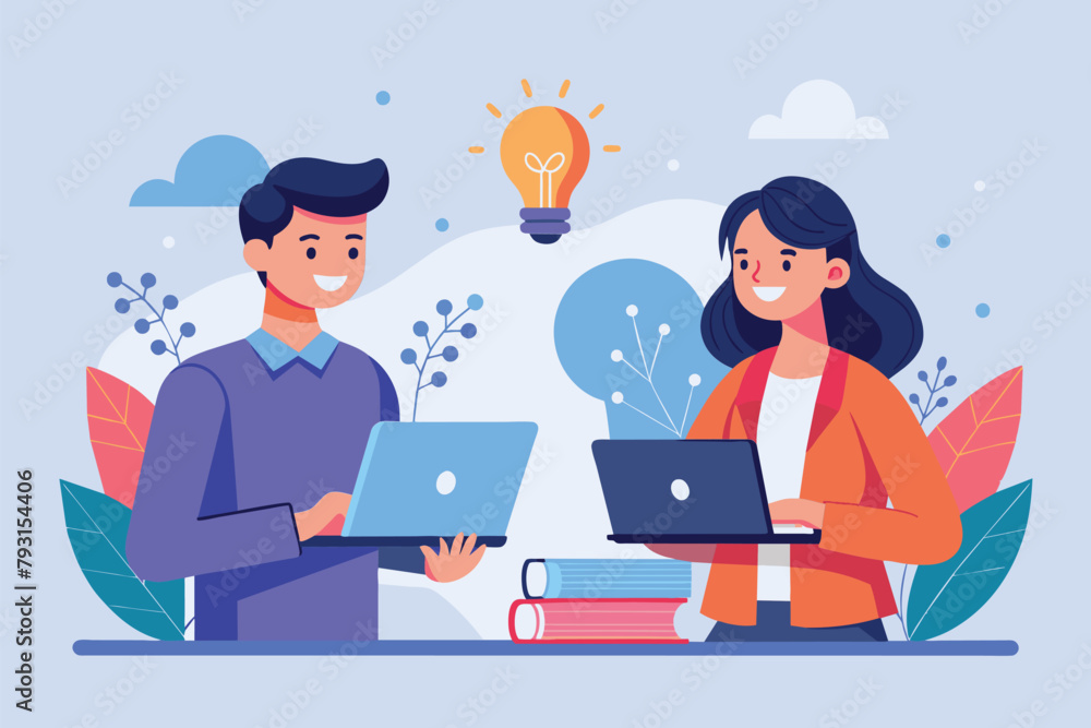 A man and a woman are focused on their laptops, working together in an office setting, Employees exchange ideas with laptops, Simple and minimalist flat Vector Illustration