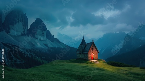 A small wooden house is on a rocky hill. There are very tall rocky mountains in the background and a dark foggy sky with clouds rolling over the mountains.