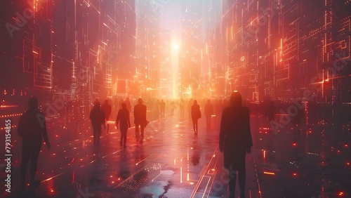 Futuristic city with diverse individuals connecting through digital pathways of innovation. Concept Future Cities, Diversity, Innovation, Digital Connectivity, Imaginary World photo