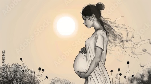 Single continuous line art of a pregnant woman holding her belly headline concept design one sketch outline drawing in white. photo