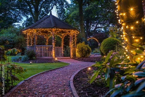 A Romantic Gazebo Nestled in a Beautifully Landscaped Garden Surrounded by Lush Greenery