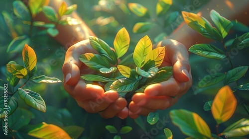 Hands holding plant sprouts. Low polygon triangles modern illustration. Save the planet, nature, and environment. © Diana