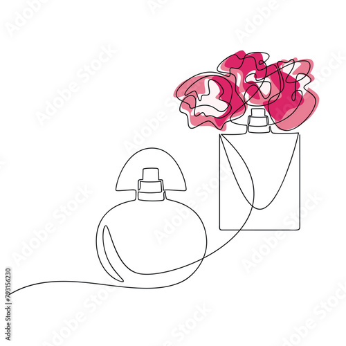 Hand drawn perfume bottle with flowers vector. Line continuous drawing. Linear silhouette icon, beauty fashion print, banner, card, wall art poster, brochure, doodle illustration, fragrance, spray