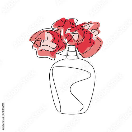 Hand drawn perfume bottle with flowers vector. Line continuous drawing. Linear silhouette icon, beauty fashion print, banner, card, wall art poster, brochure, doodle illustration, fragrance, spray