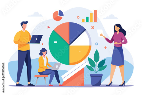A group of people standing around a pie chart, analyzing statistics and data, entrepreneurs analyze pie chart statistics, Simple and minimalist flat Vector Illustration